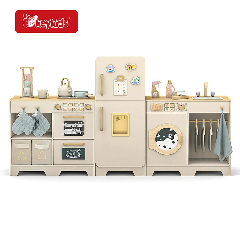 Wooden Kids Play Laundry Washer Station with Sink, Pretend Play Washing Machine Toy Interactive Wooden Laundry Play Set W10L132